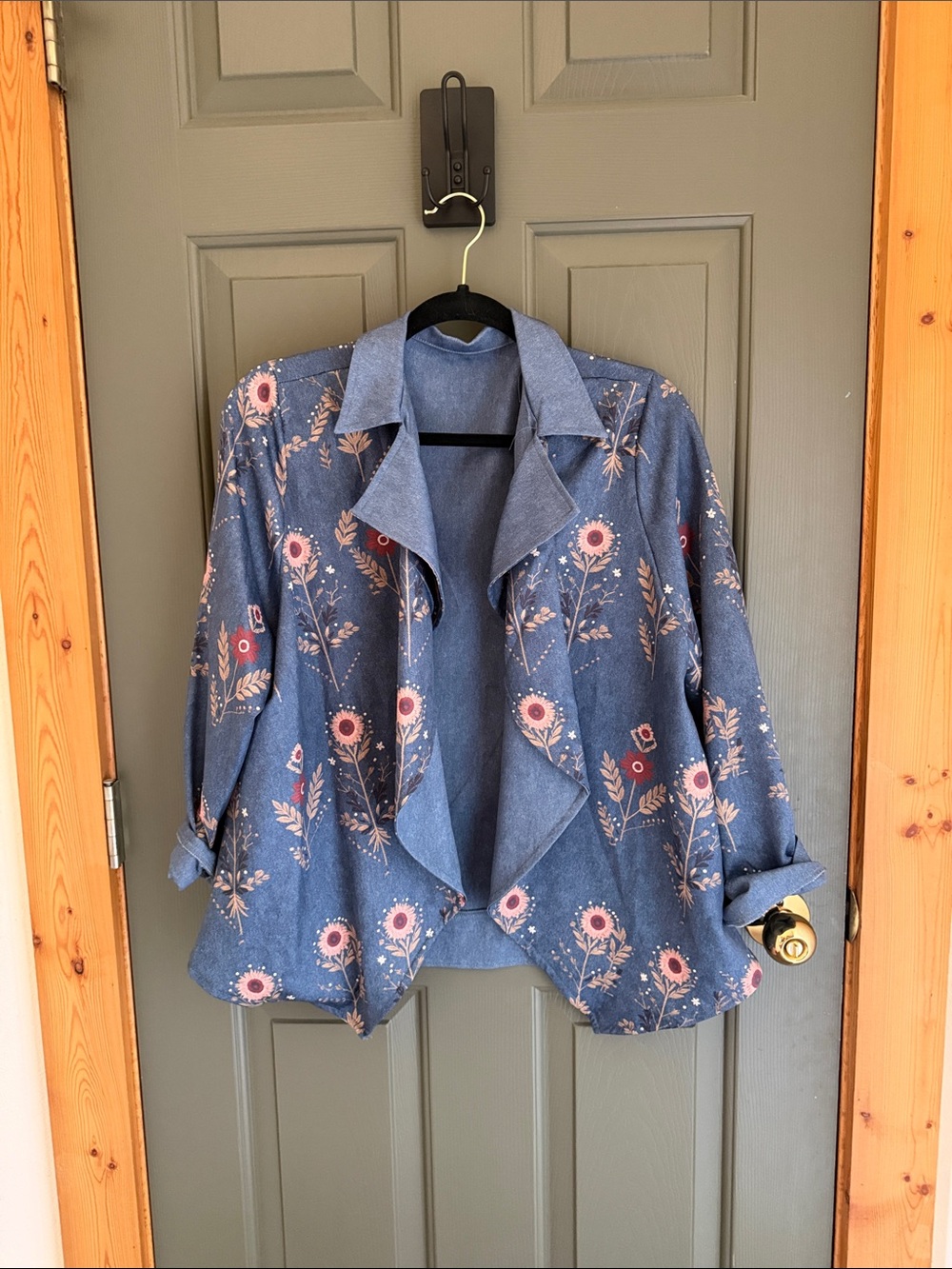 Women's Blue Floral Draped Open-Front Blazer Jacket